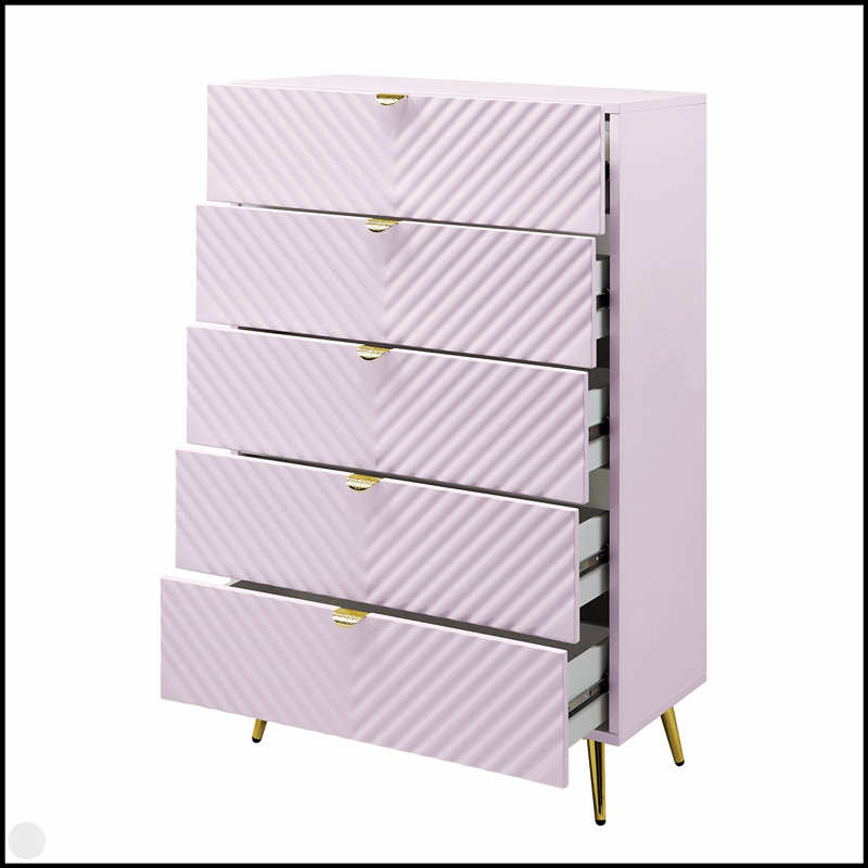 Commode rose Gaines à finition ultrabrillante avec tiroirs spacieux et design moderne à vagues pour un rangement élégant