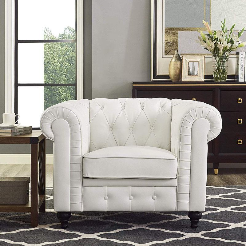 Sanner Mid-Century Chesterfield Accent Chair – Upholstered Armchair with Tufted Back & Wooden Frame, White Faux Leather