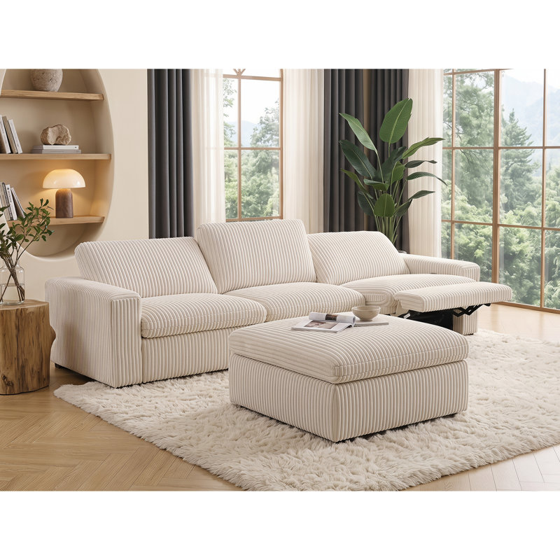 Milred 123.2 " Corduroy Power Reclining L-Shaped Sofa & Chaise with Ottoman, White Corduroy