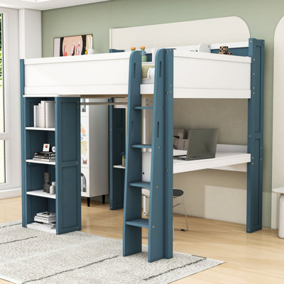 Lit mezzanine double en bois avec bureau intégré, tablettes de rangement et garde-robe, échelle