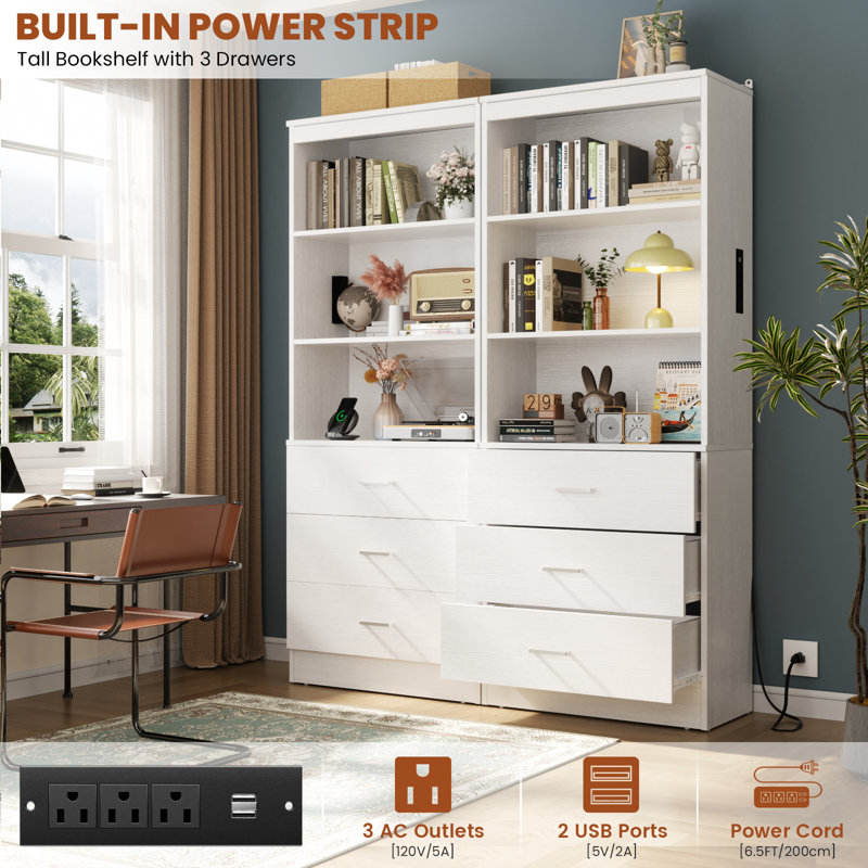 Système de rangement autoportant 23,6 po x 71 po avec station de charge et 3 tiroirs, Blanc
