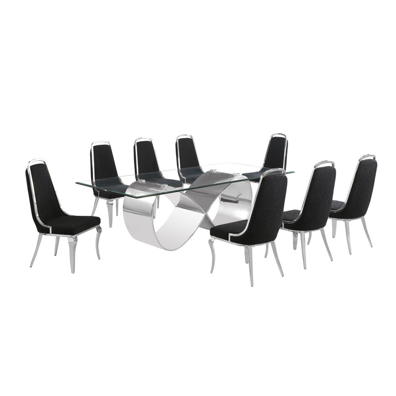 Ensemble de salle à manger en verre trempé avec chaises d'appoint en tissu Boucle, Noir, noir, noir, noir, Argent argent