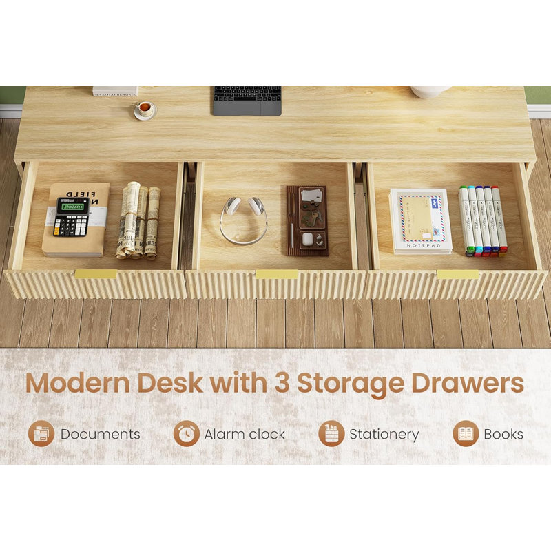 55" Executive Desk With 3 Drawers, Home Office Desk With Storage Drawers, Computer Writing Desk Study Table