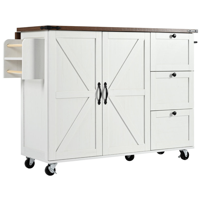 Îlot de cuisine de style champêtre de 54,5 pouces avec prise électrique, tablette de rangement interne, abattant et porte-épices sur roulettes verrouillables