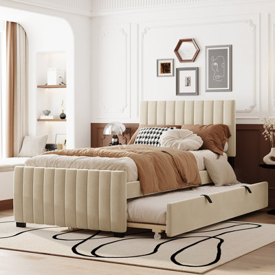 Lit plateforme tapissier en velours avec lit gigogne