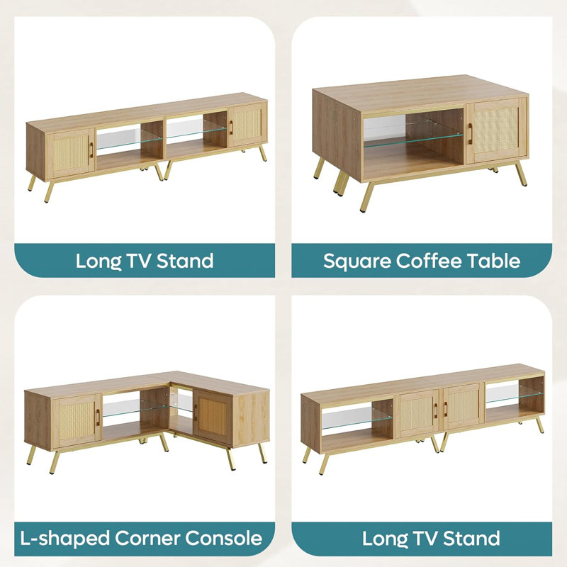 80 Inch Natural Rattan TV Stand with LED Lights and Storage