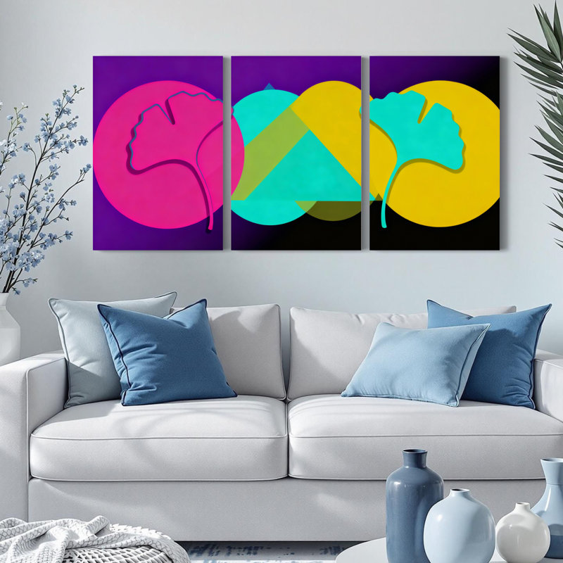 «Abstract Leaf and Circle», reproduction d'art sur toile tendue sur toile, ensemble de 3, H 30 po x l 60 po