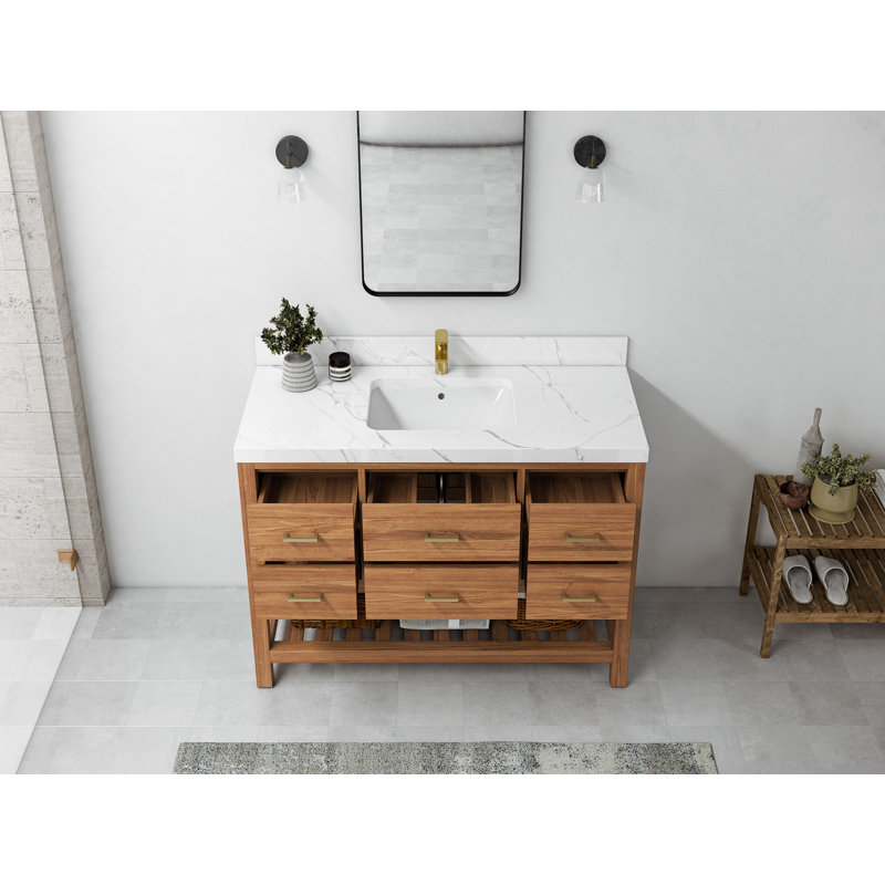 Meuble-lavabo simple en teck Parker l 48 po x P 22 po x H 36 po, Calacatta Nuvo