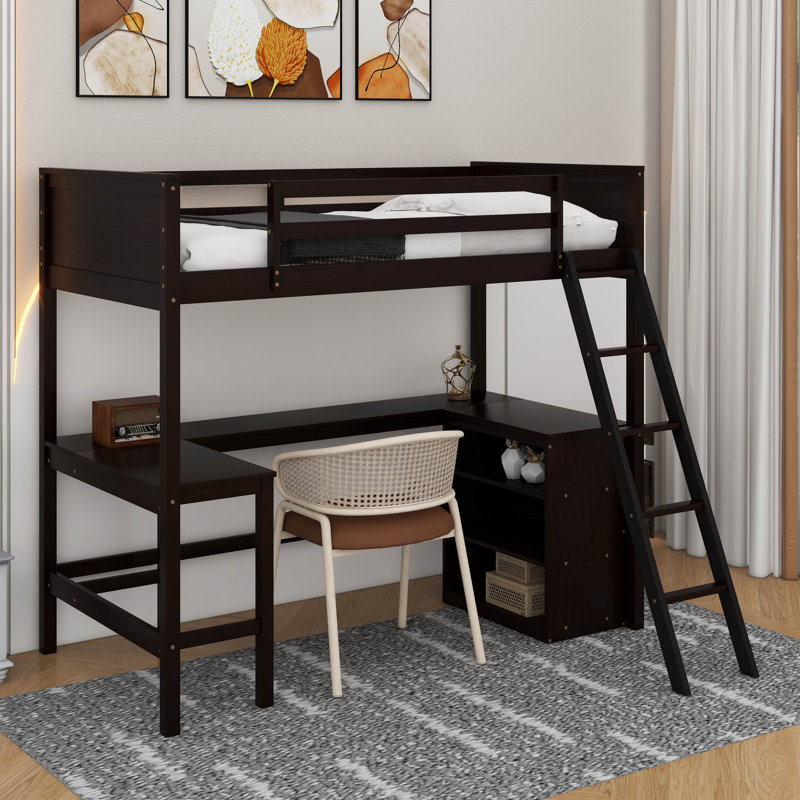 Twin Size Loft Bed With Shelves And Desk, Espresso