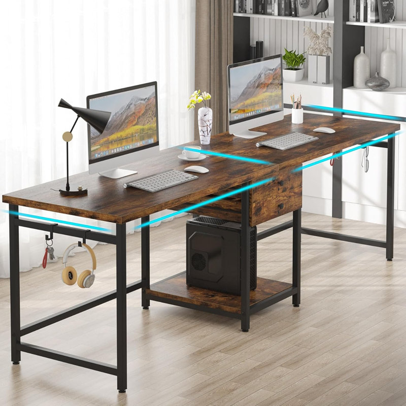 79-Inch Two Person Computer Desk With Drawers And Storage Shelves, Brown/Black