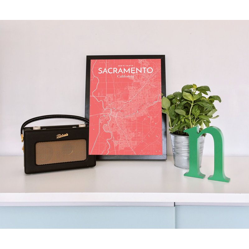 «Sacramento City Map», reproduction d'impression sur affiche en rose, H 17 po x l 11 po