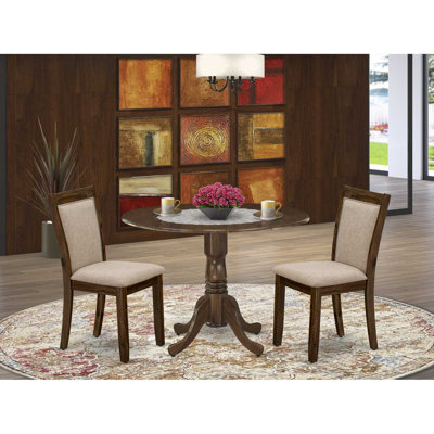 3 Piece Dinette Set for Small Spaces Contains a Round Dining Table with Dropleaf and 2 Light Tan Linen Fabric Parsons Dining Chairs, Natural Walnut
