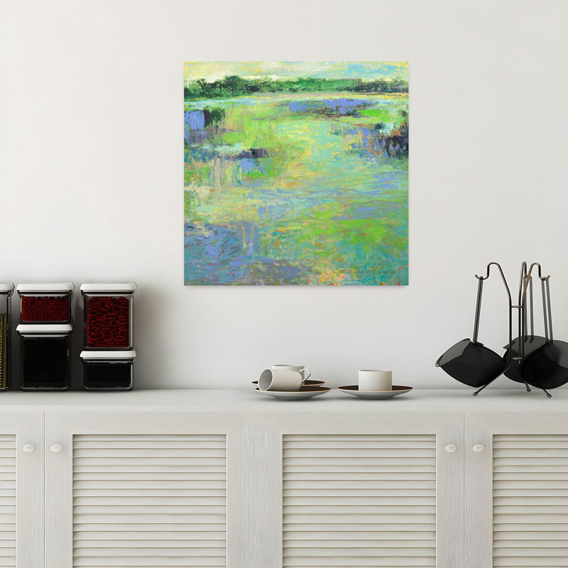 Art contemporain de nature humide avec ciel jaune abstrait, H 18 po x l 18 po