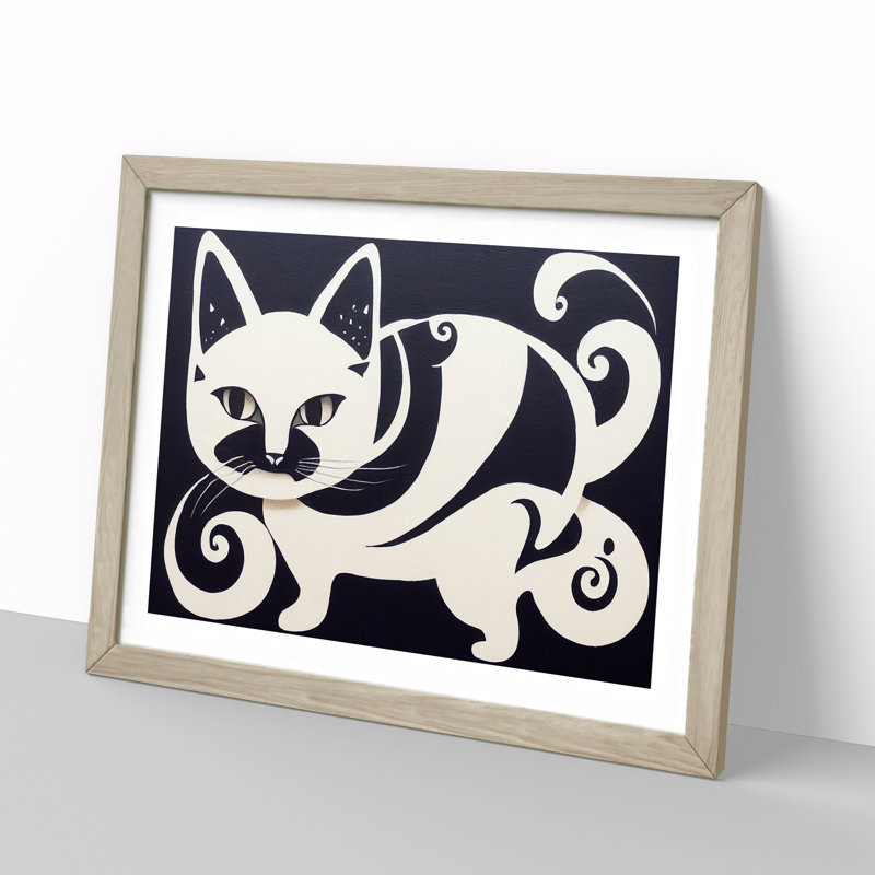 Unique Cat Art Abstract - Framed Print, 25cm H x 34cm W x 2cm D, Oak