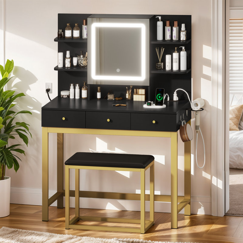  Bureau de maquillage avec miroir lumineux à DEL et prise de courant et tabouret, Noir et or