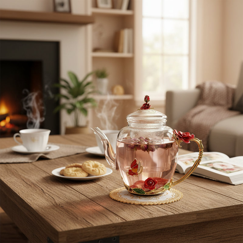 Théière en verre émaillé avec infuseur amovible
