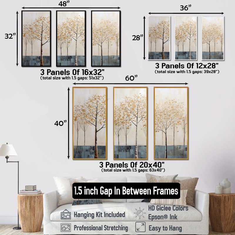 Minimalisme or et bleu arbres scène I - ensemble de décoration murale arbre, Cadre flottant noir, H 32 po x l 48 po x P 1 po