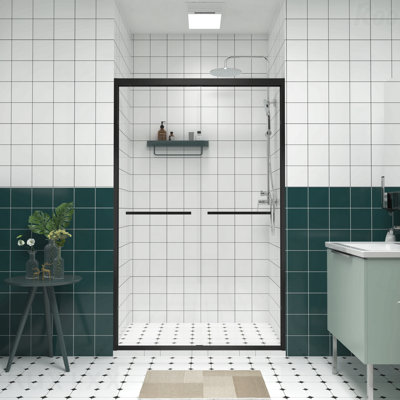 44-48"W X 76"H Aluminum Frame Material Double Sliding Opening Shower Door -Bypass Sliding Opening Bathroom Sliding Opening Door With Premium 1/4" (6Mm) Clear Tempered Glass, With Black Hardware Sliding Opening Glass Shower Enclosure Door