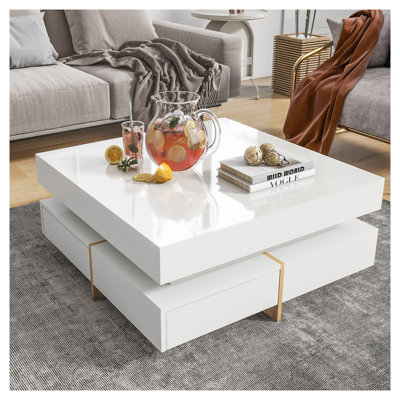 Table basse moderne à haute brillance avec 4 tiroirs, table basse carrée multi-rangement avec pieds en grain de bois, table de salon centrale, 31,5 po x 31,5 po, blanc