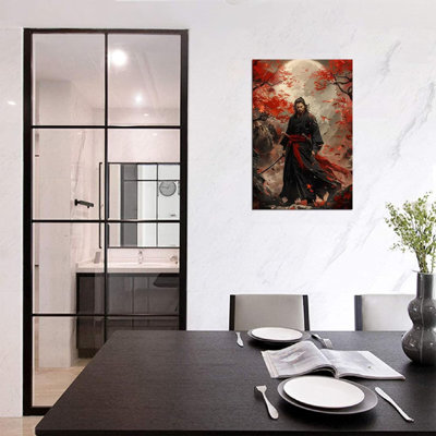 Samurai Wall Art Black And Red Warrior Wall Decor Canvas Prints Warrior Figure Pictures Bushido Posters Artwork Framed For Living Room Bathroom Bedroom Office (18''W X 24''H)