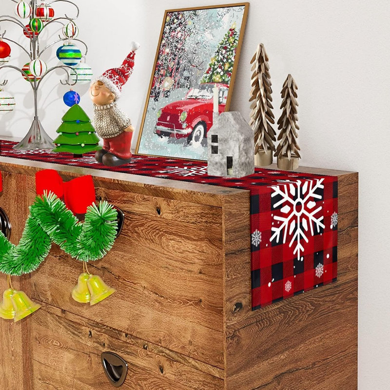 Chemin de table de Noël rouge noir Buffalo à carreaux avec flocon de neige et chemin de table saisonnier