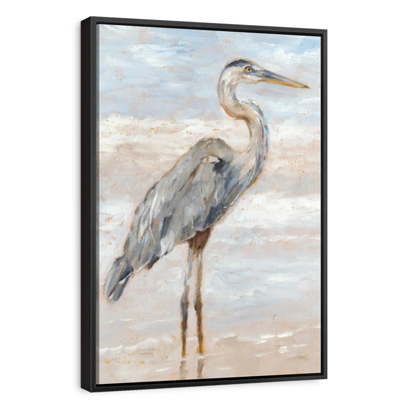 Héron de plage I, 9 po x 13 po, Cadre flottant noir