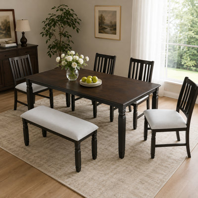 Ensemble de table de salle à manger 6 pièces avec 4 chaises et banc rembourrés, ensemble de meubles de salle à manger à structure en bois d'hévéa avec sièges en mousse haute densité, ensemble de table de cuisine de style campagne moderne