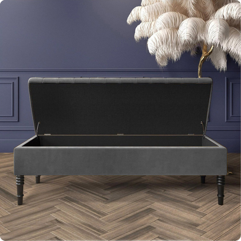 Safar Striped Ottoman Storage Bench – Upholstery Plush Velvet Shoe Bench with Black Turned Wooden Legs, Steel Grey