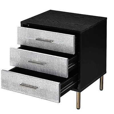 Black, Silver and Gold 3-Drawer Nightstand with Metal Leg