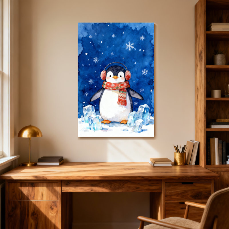 Pingouin de Noël portant un foulard et des cache-oreilles dans la neige, H 30 po x l 20 po