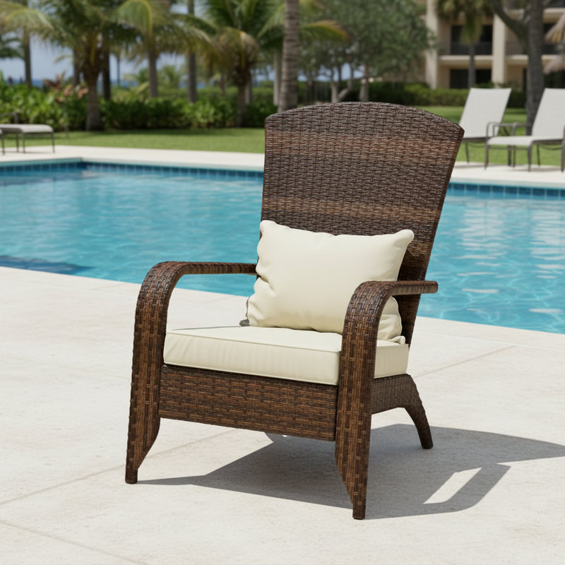Brown And Off-White Mixed-Color Outdoor Rattan Adirondack Chair, All-Weather Fireplace Chair, With Padded, High-Curved Backrest And Comfortable Armrests, Suitable For Patios And Gardens.