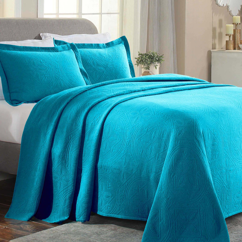 Ensemble de couvre-lit matelassé en jacquard matelassé 100% coton Écosse, Couvre-lit double et 2 taies décoratives, Bleu paon