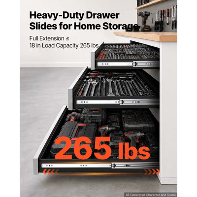 Heavy-Duty Drawer Slides, 36 inch 265 lbs Load Side Mount Rails, 3-Fold Full Extension Ball Bearing Rails, 1 Pair, Kitchen, Workbench, RV, Carbon Steel, Featuring Screws & Nuts, Designed for Cabinets