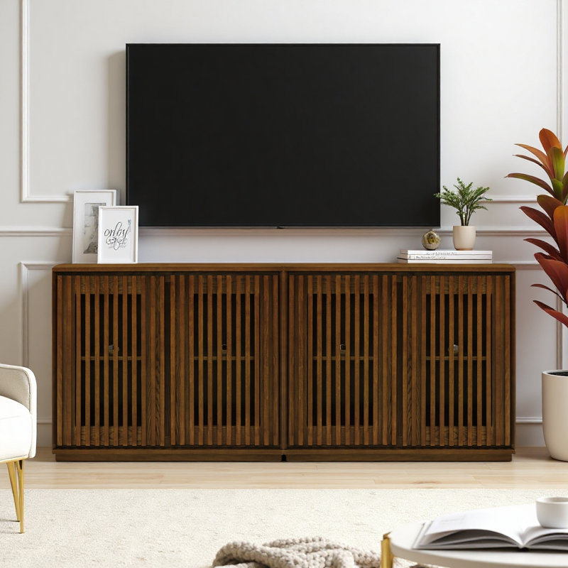 78" W Mid-Century Modern Sideboard With Solid Wood Slatted Doors,Modern Buffet Cabinets with Storage for Dining Room, Walnut