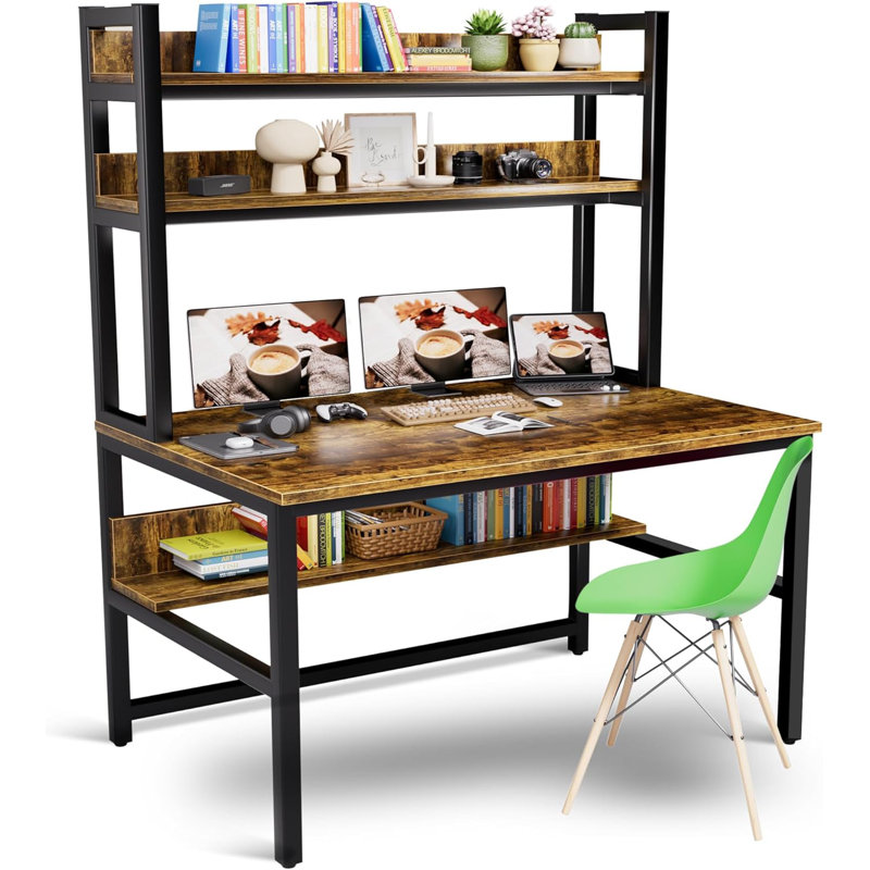 Computer Desk With Hutch Bookshelves, Rustic Brown Desk With Space Saving Design, Organized Desk With Storage Shelves Bookshelf