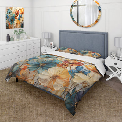 Modern Comforter Set of 4 - Teal Orange Petal Mosaics II With Shams And Throw Pillows