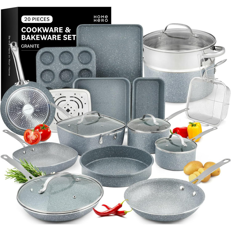 Ensemble de casseroles et de poêles antiadhésives - Batterie de cuisine compatible avec induction + ensembles de cuisson - antiadhésif, sans PFOA, ensemble de casseroles et de poêles allant au four (20 pièces)