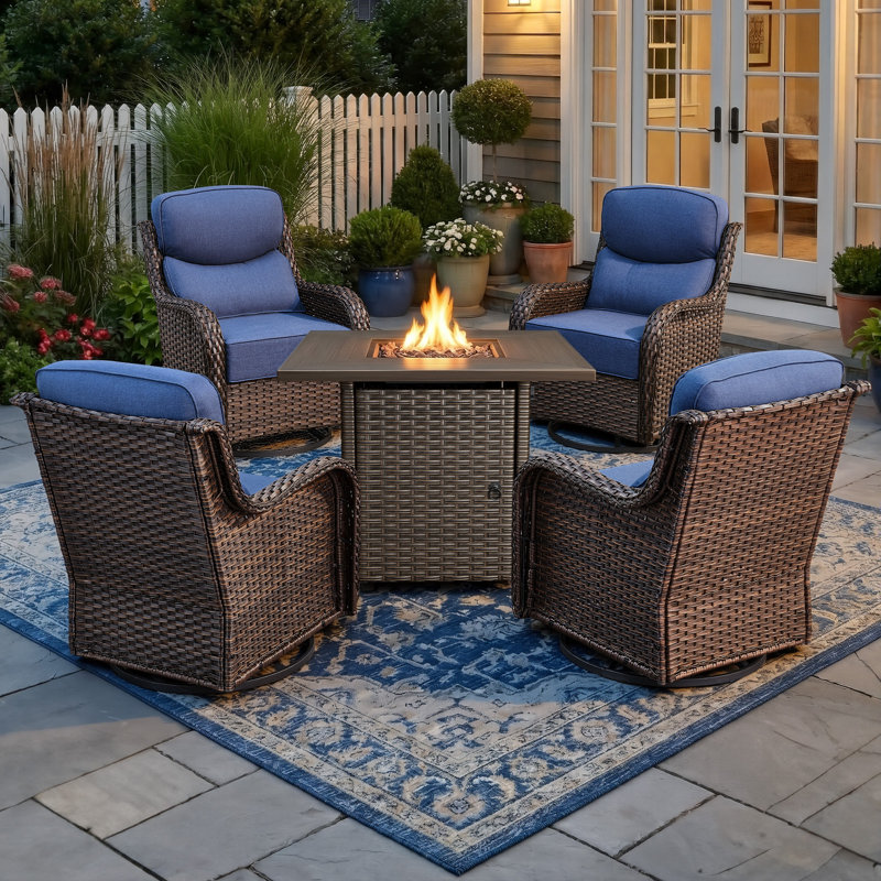 4 - Person Patio Furniture Chair Set With Fire Pit Table, 4 Swivel Glider Chairs With 6-Inch Cushions, Blue, Brown