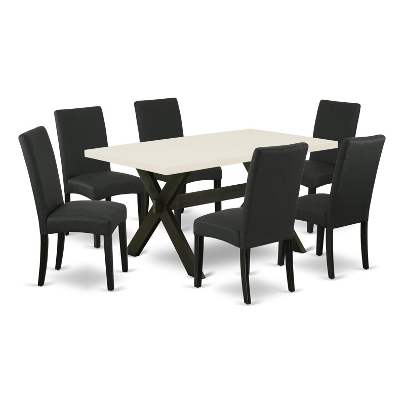 7 Piece Kitchen Table Set Consist of a Rectangle Dining Table with X-Legs and 6 Black Color Linen Fabric Parson Dining Chairs, Wire Brushed Black Finish