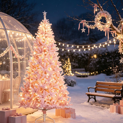 Arbre de Noël artificiel rose 7,5 pi, 500 lumières DEL blanc chaud avec 1346 pointes de branches articulées, arbre de Noël pleine grandeur avec support en métal pour la décoration intérieure