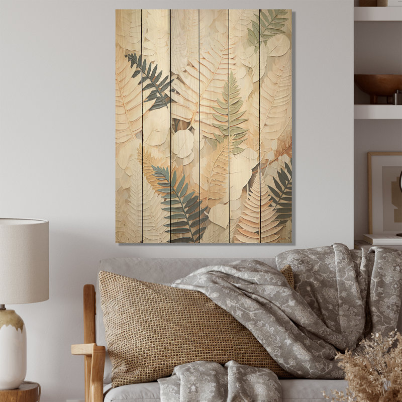 «Golden Ferns Silent Gracefulness», art mural sur bois de pin naturel, H 40 po x l 30 po
