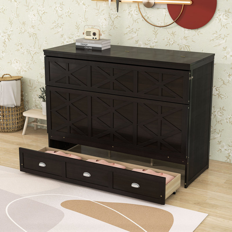 Grand lit escamotable en bois avec tiroir et ports et prises USB, Espresso brossé
