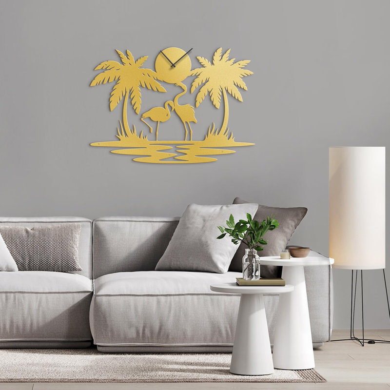 Grande horloge murale en métal palmier tropical, L 24 po x H 24 po, Or