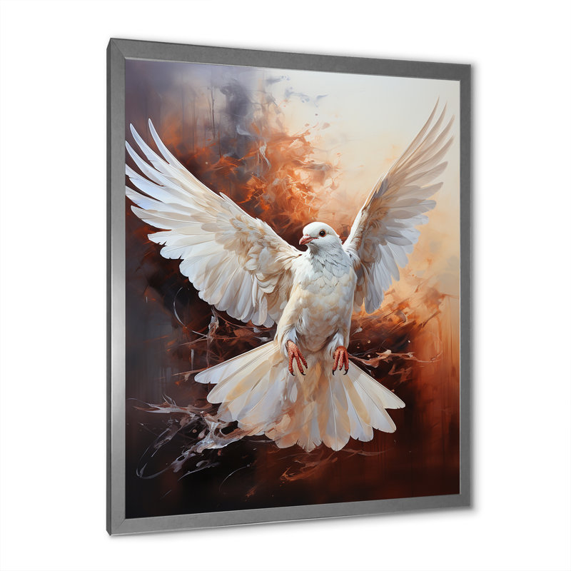 Colombe de la sérénité sur toile, Cadre simple argenté, H 32 po x l 24 po x P 1 po