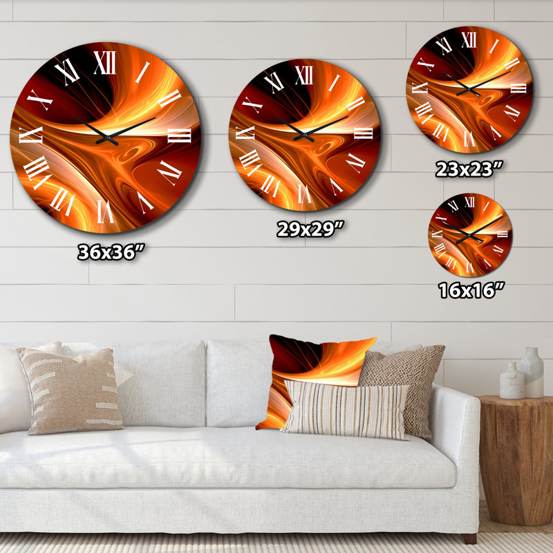 Horloge murale orange à motif abstrait fractal chaleureux II, Très grand