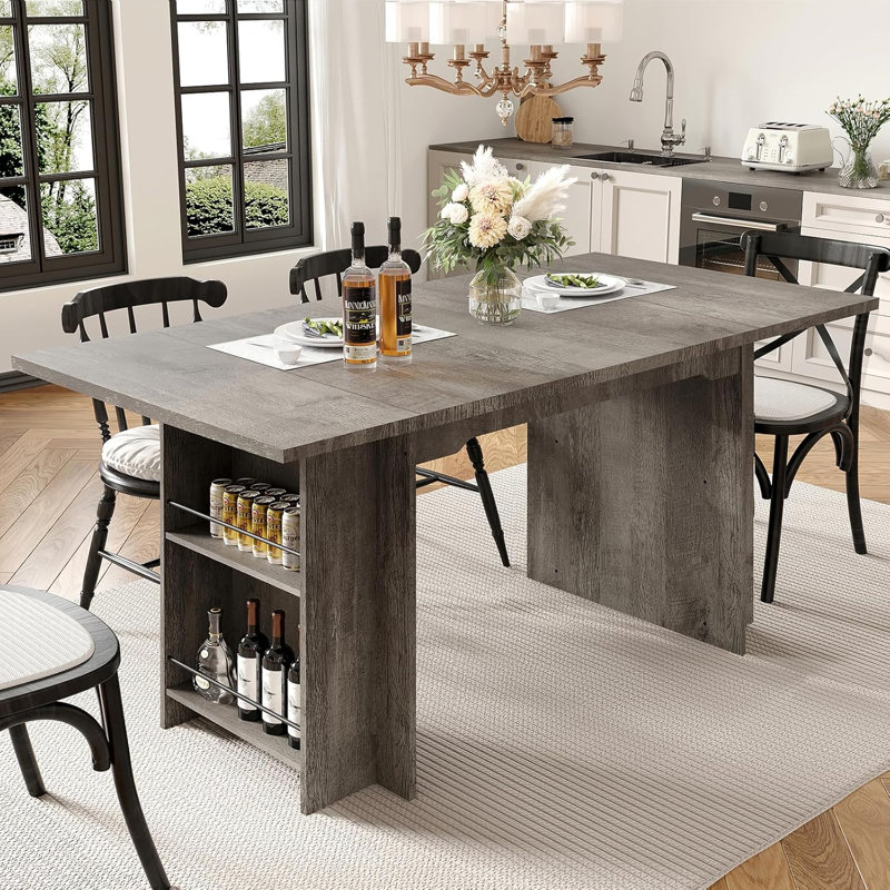 63 Inch Farmhouse Dining Table For 4-6 People, Rectangle Kitchen Table With Side Storage Shelves,Only Table, Grey