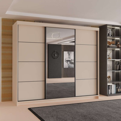 Modern 3 Door Sliding Wardrobe with Mirror, 250cm Large Bedroom Storage with 9 Shelves & Hanging Rail - White, Oak Sonoma, Cashmere, Artisan