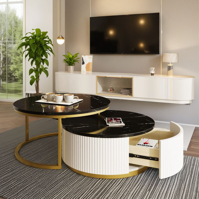 Table basse gigogne moderne de 31,5 pouces de couleur noire et dorée + ornements à rainures, avec tiroirs intégrés pour un rangement facile