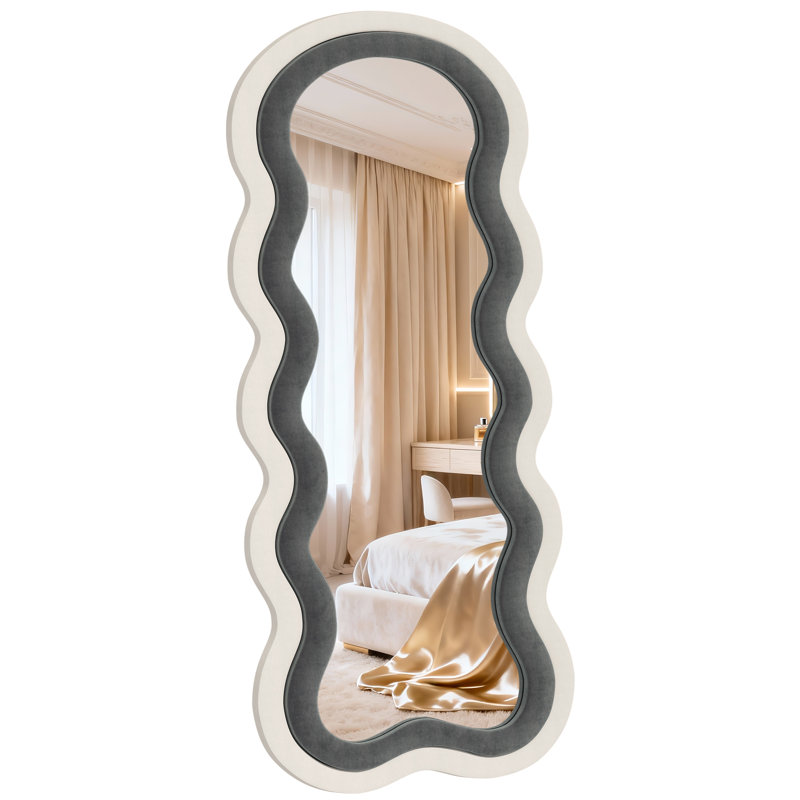 Miroir ondulé pleine longueur 63 po x 24 po, longueur du corps avec cadre en velours pour chambre / vestiaire, noir / blanc