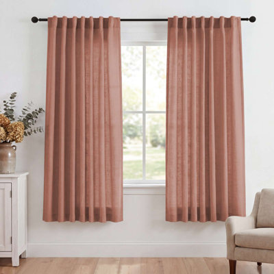 Neutral Farmhouse Linen Semi Sheer Curtains 2 Panels 63" Long, Light Filtering Thick Window Drapes with Rod Pocket, Back Tab & Pinch Pleat Design for Living Room & Bedroom, 52" x 63",TERRACOTTA